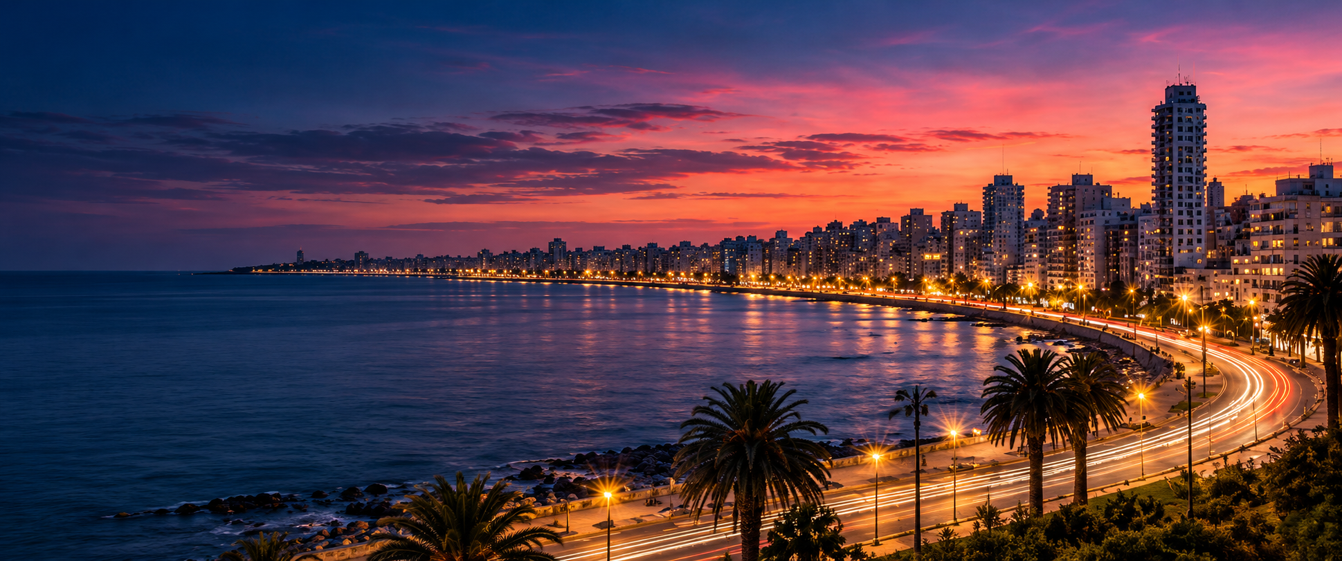 Ilustración de la rambla de Montevideo al atardecer